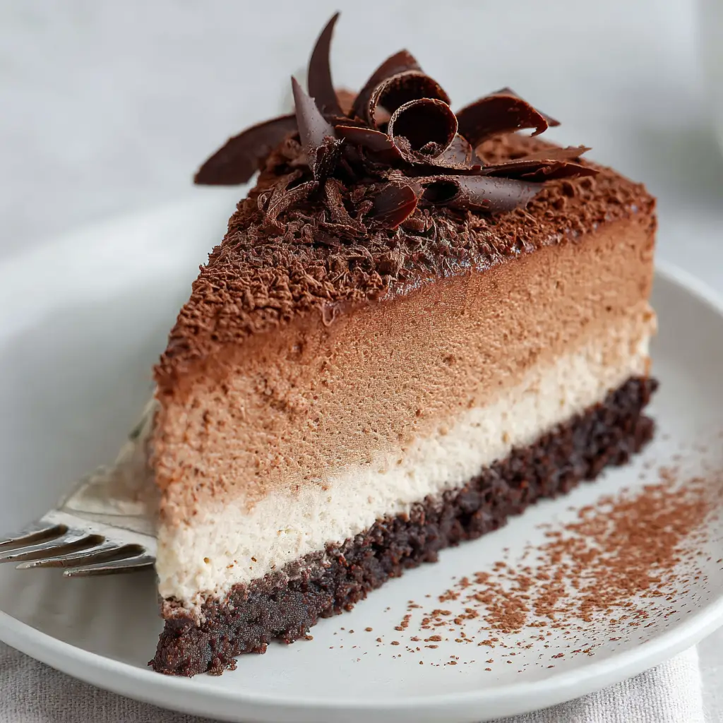 A close-up view of the three distinct layers of the triple chocolate mousse cheesecake, showing the texture of the crust, creamy cheesecake, and airy mousse. (Triple Chocolate Mousse Cheesecake)