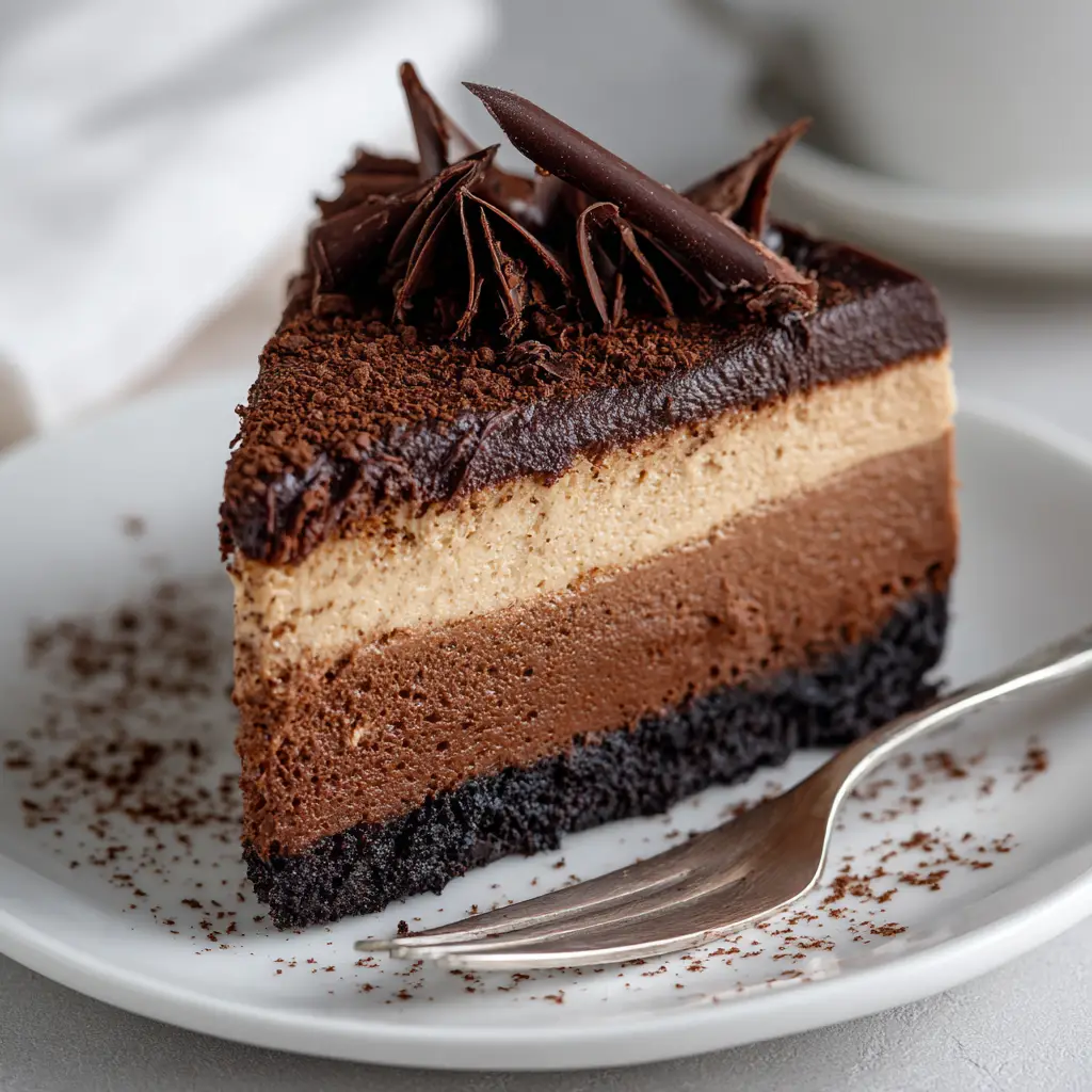 A perfect slice of triple chocolate mousse cheesecake on a white dessert plate with a silver fork, ready to be eaten. The garnishes of chocolate shavings and cocoa powder are clearly visible.