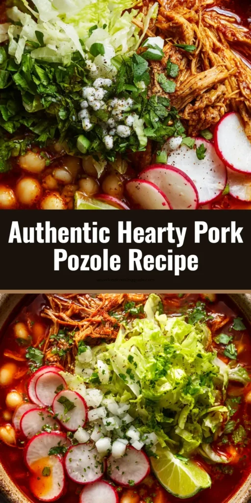 An overhead shot of a bowl of authentic pork pozole rojo, featuring a rich red broth, shredded pork, and hominy, topped with fresh garnishes. (Pork Pozole Recipe)