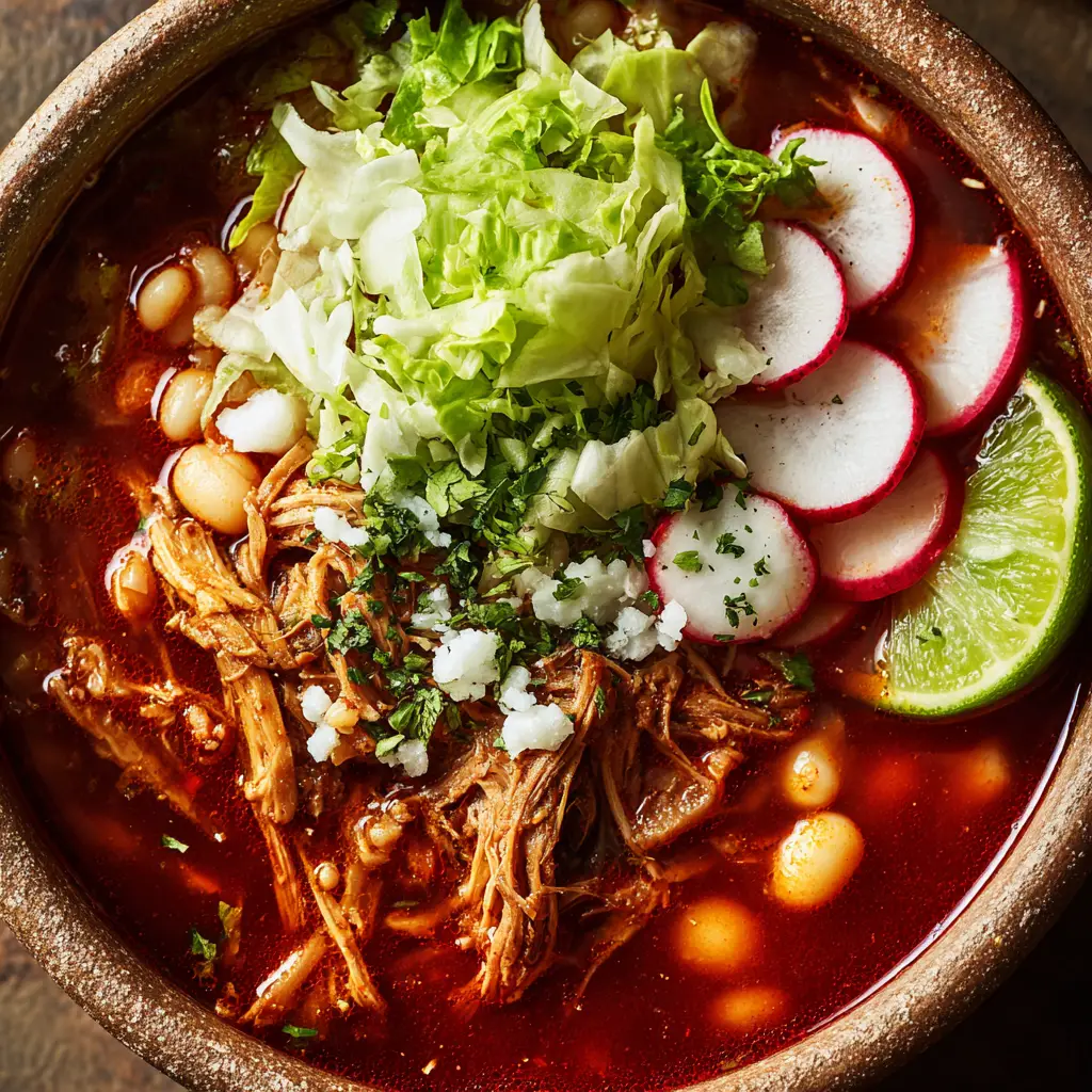 A close-up view of a rustic ceramic bowl filled with pork pozole, highlighting the vibrant brick-red broth and tender shredded pork. (Pork Pozole Recipe)