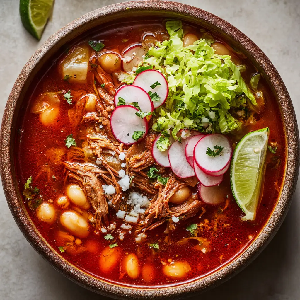 A fully garnished bowl of pozole rojo, showing the fresh toppings of shredded cabbage, sliced radishes, diced onion, and a lime wedge.