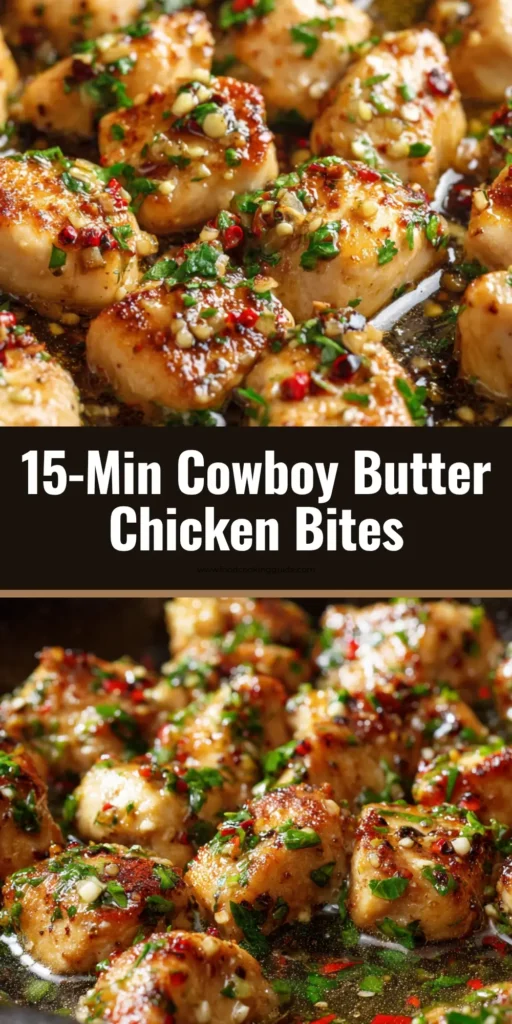 A shareable pin image showing Cowboy Butter Chicken Bites in a cast iron skillet with text overlay for Pinterest.