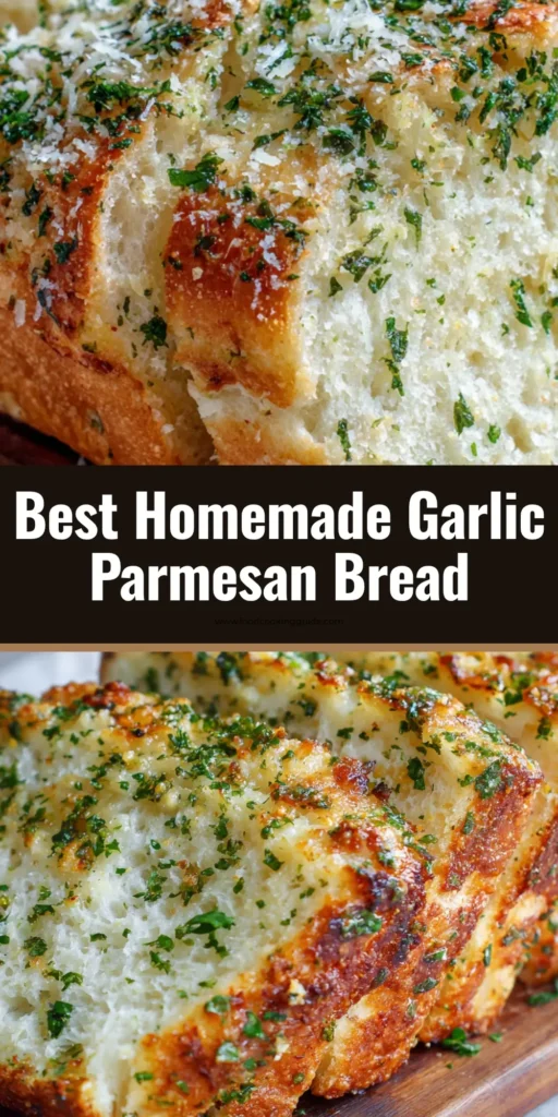Thick slices of freshly baked Garlic Parmesan Herb Bread with a fluffy white crumb, crispy golden-brown crust, glossy melted butter glaze, toasted parmesan cheese, and green herbs on a rustic wooden cutting board.