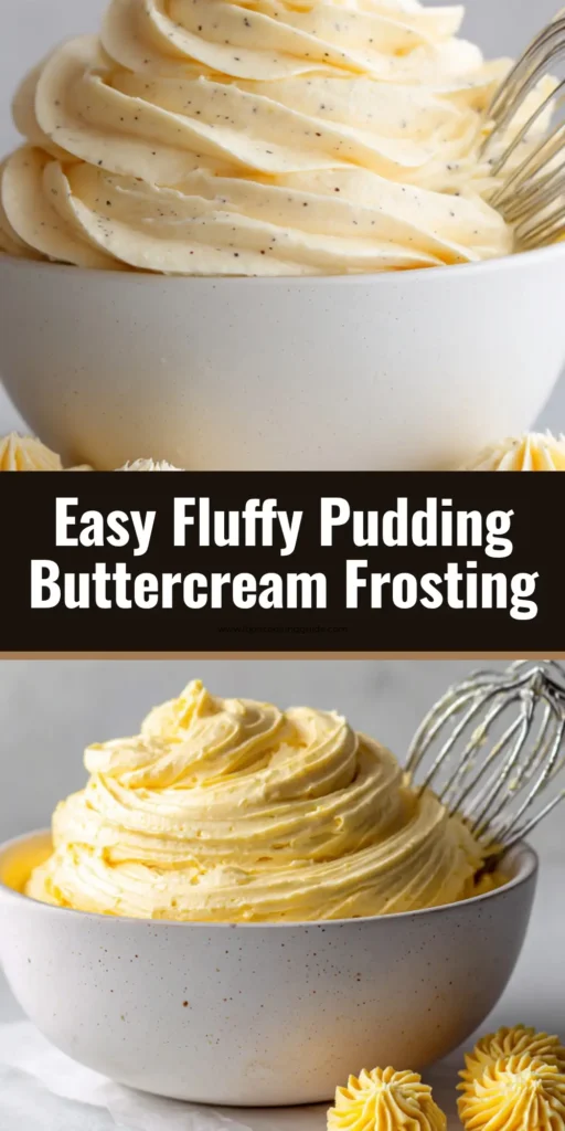 Pudding Buttercream Frosting: The Secret to Ultra-Fluffy, Velvety Perfection 4 A shareable pin image showing perfectly piped rosettes of pale-yellow Pudding Buttercream Frosting with vanilla bean specks.
