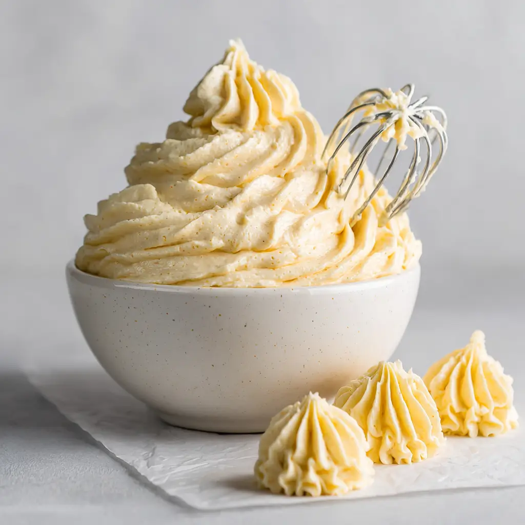 A close-up shot of thick, fluffy pale-yellow Pudding Buttercream Frosting in a white mixing bowl, showcasing its stiff peaks and vanilla bean specks. (Pudding Buttercream Frosting)