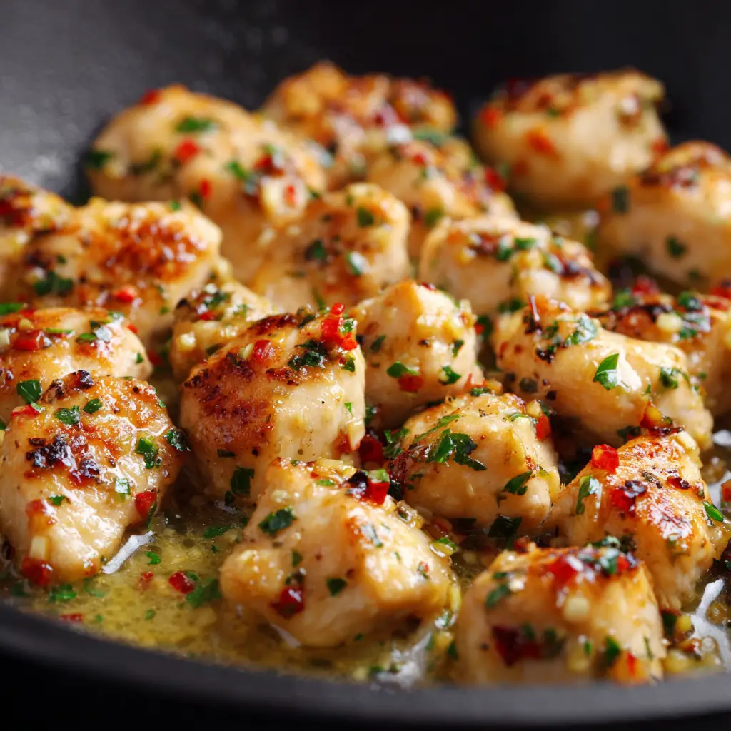 An overhead shot of bite-sized chicken chunks glistening in a golden butter sauce, speckled with green parsley and red pepper flakes.