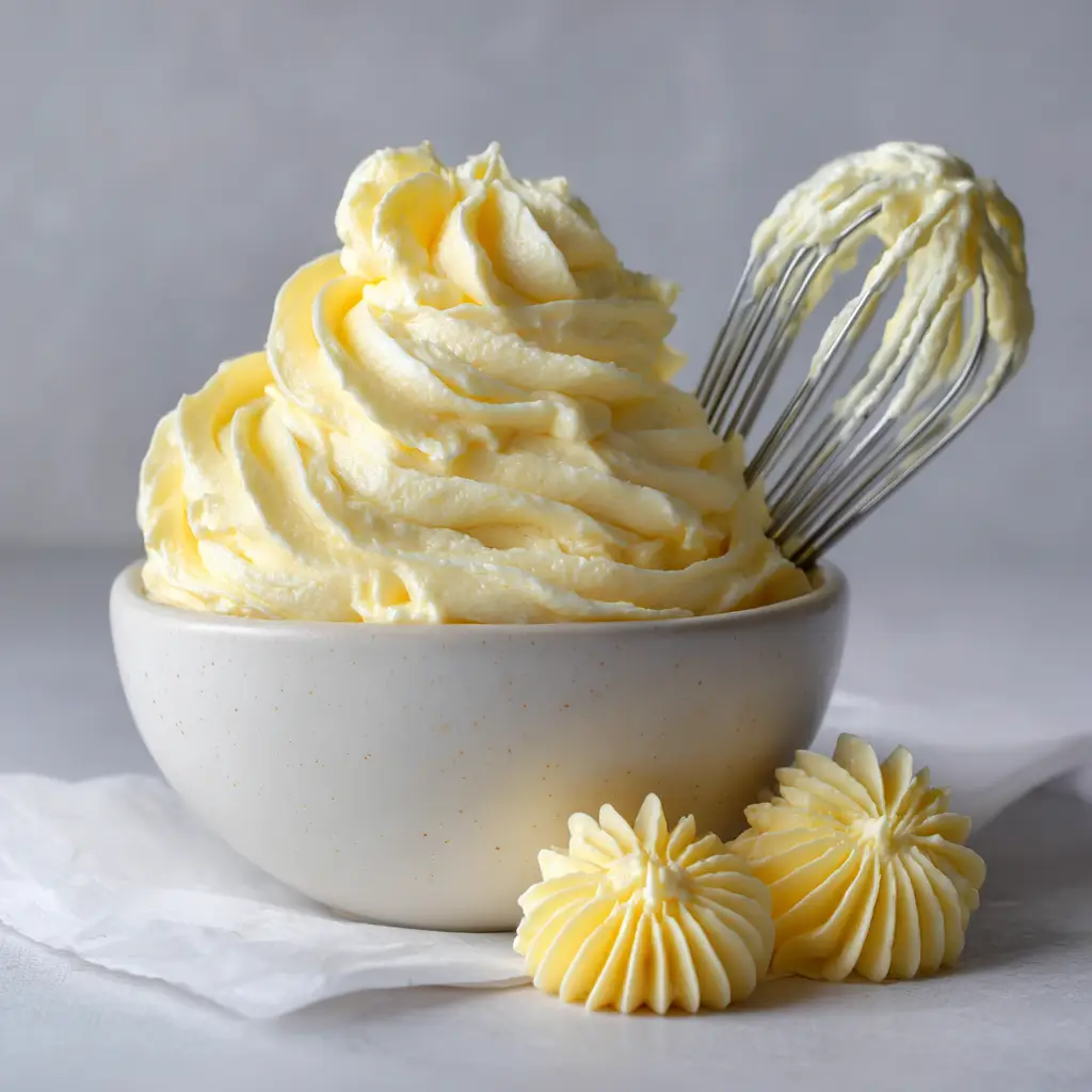 Pudding Buttercream Frosting: The Secret to Ultra-Fluffy, Velvety Perfection 1 Three perfectly piped rosettes of pale-yellow Pudding Buttercream Frosting on parchment paper, displaying its excellent piping stability.