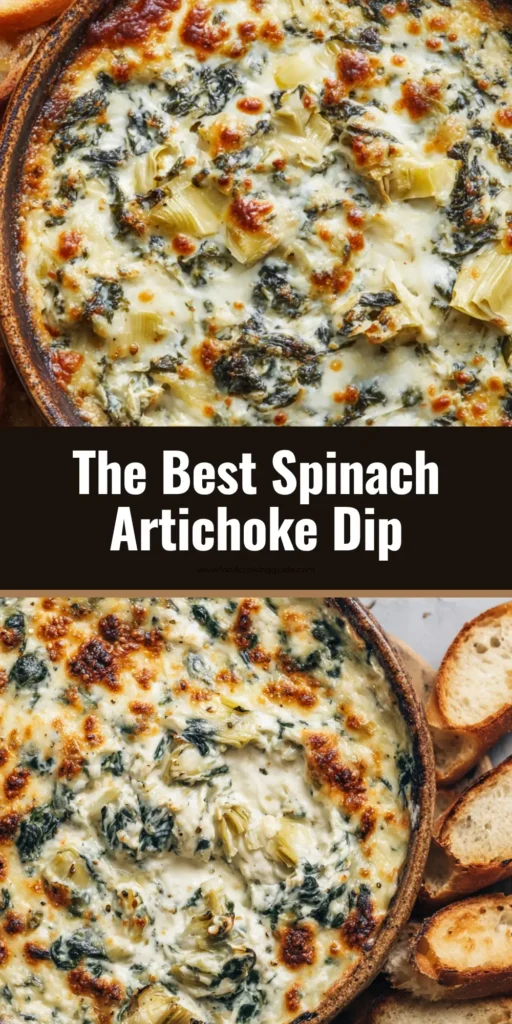 A close-up overhead shot of a bubbling baked spinach artichoke dip in a rustic ceramic dish, with a perfectly golden-brown blistered cheese crust. (Baked Spinach Artichoke Dip)