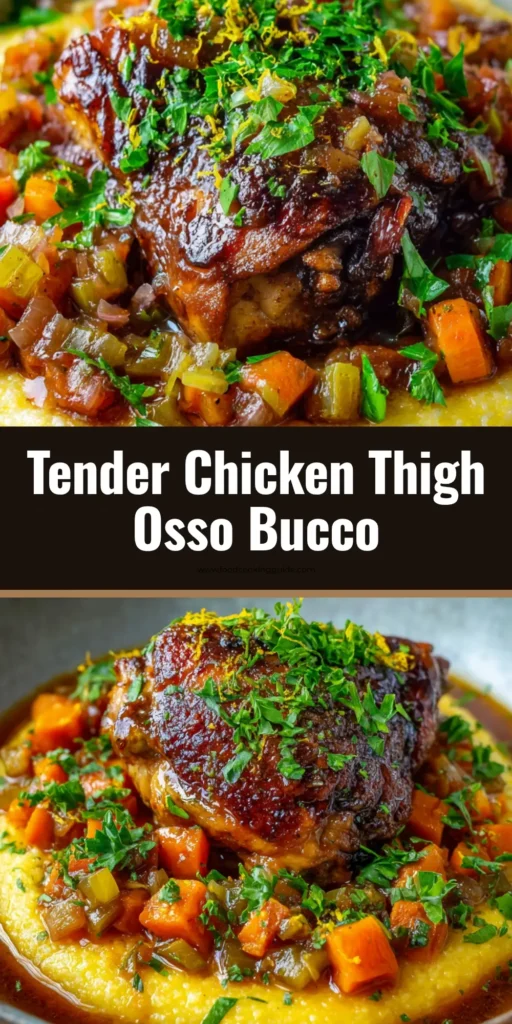 Chicken Thigh Osso Bucco: A Rustic Twist on an Italian Classic 4 A close-up overhead shot of Chicken Thigh Osso Bucco in a rustic bowl. A tender chicken thigh is served on creamy polenta with a rich sauce, carrots, and a fresh parsley and lemon zest garnish.