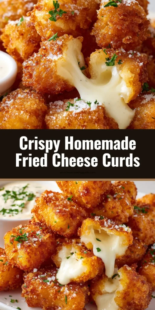 A shareable pin image showing perfectly golden-brown fried cheese curds with a gooey cheese pull on a white plate. (Fried Cheese Curds)