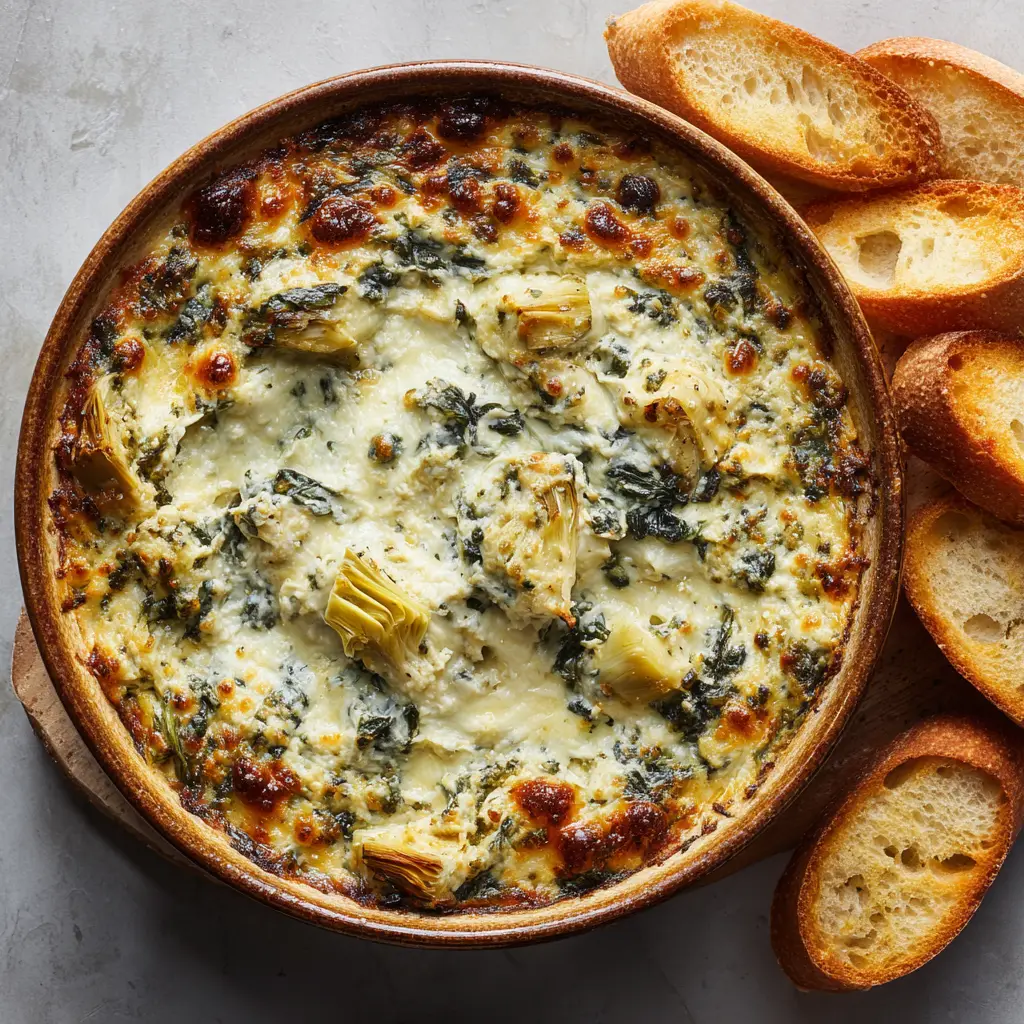 Home 8 An overhead view of a hot and bubbly baked spinach artichoke dip, showing the thick, creamy texture studded with spinach and artichokes beneath the melted cheese. (Baked Spinach Artichoke Dip)