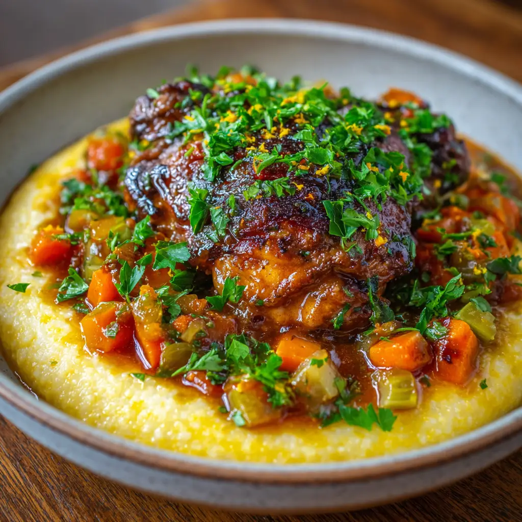 A rustic ceramic shallow bowl of Chicken Thigh Osso Bucco, featuring a large braised chicken thigh over creamy polenta, surrounded by a chunky vegetable stew and garnished with fresh herbs.