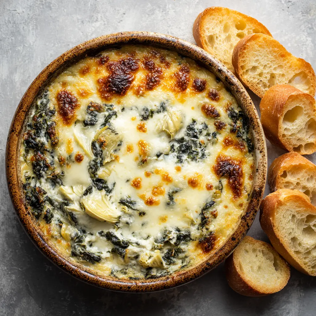 A rustic round ceramic baking dish filled with baked spinach artichoke dip, with toasted French baguette slices arranged beside it for dipping.