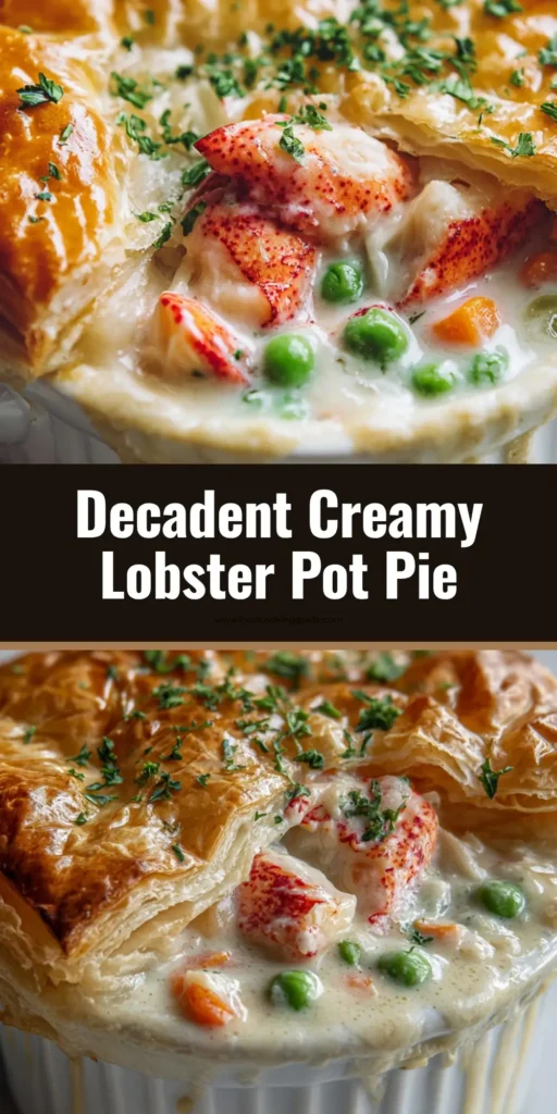 A single serving of lobster pot pie in a white ramekin, topped with a golden brown and flaky puff pastry crust. The filling of creamy sauce, lobster, peas, and carrots is visible.