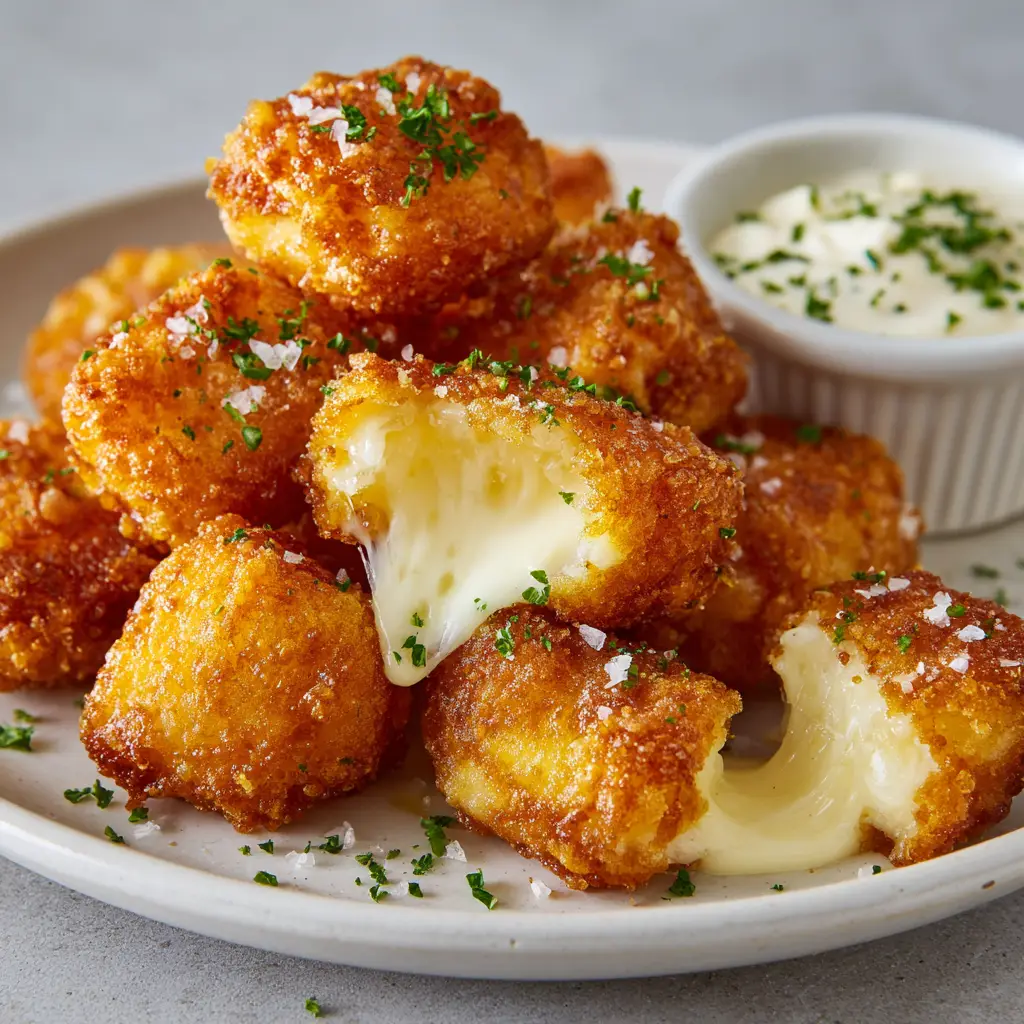 A close-up shot of a pile of golden-brown, crispy Fried Cheese Curds, garnished with fresh parsley and sea salt on a white ceramic plate.