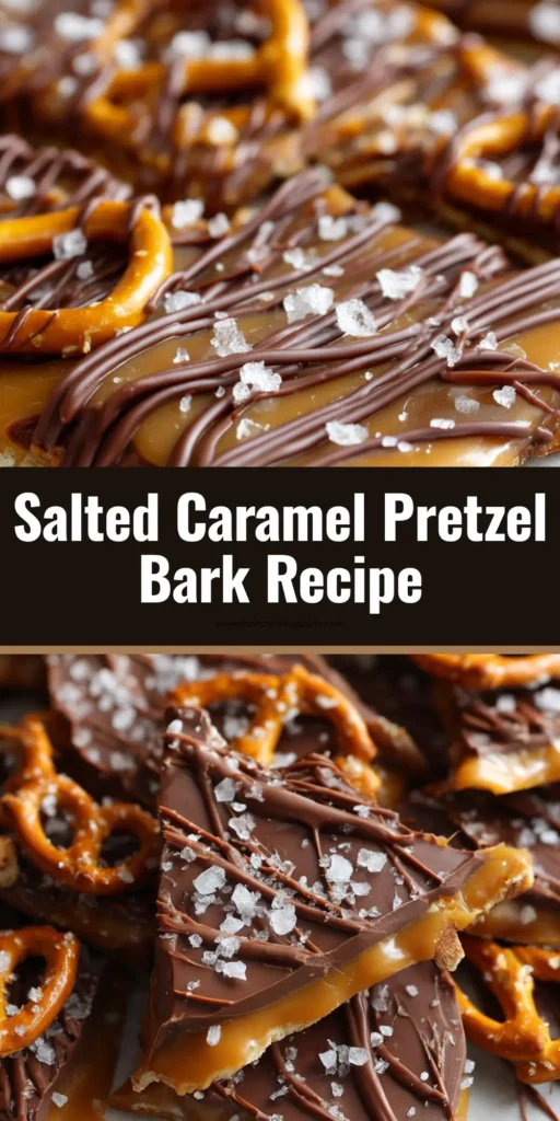 An overhead shot of broken pieces of Salted Caramel Pretzel Bark arranged on parchment paper. The bark shows layers of pretzels, thick chewy caramel, a heavy drizzle of semi-sweet chocolate, and a sprinkle of flaky sea salt.