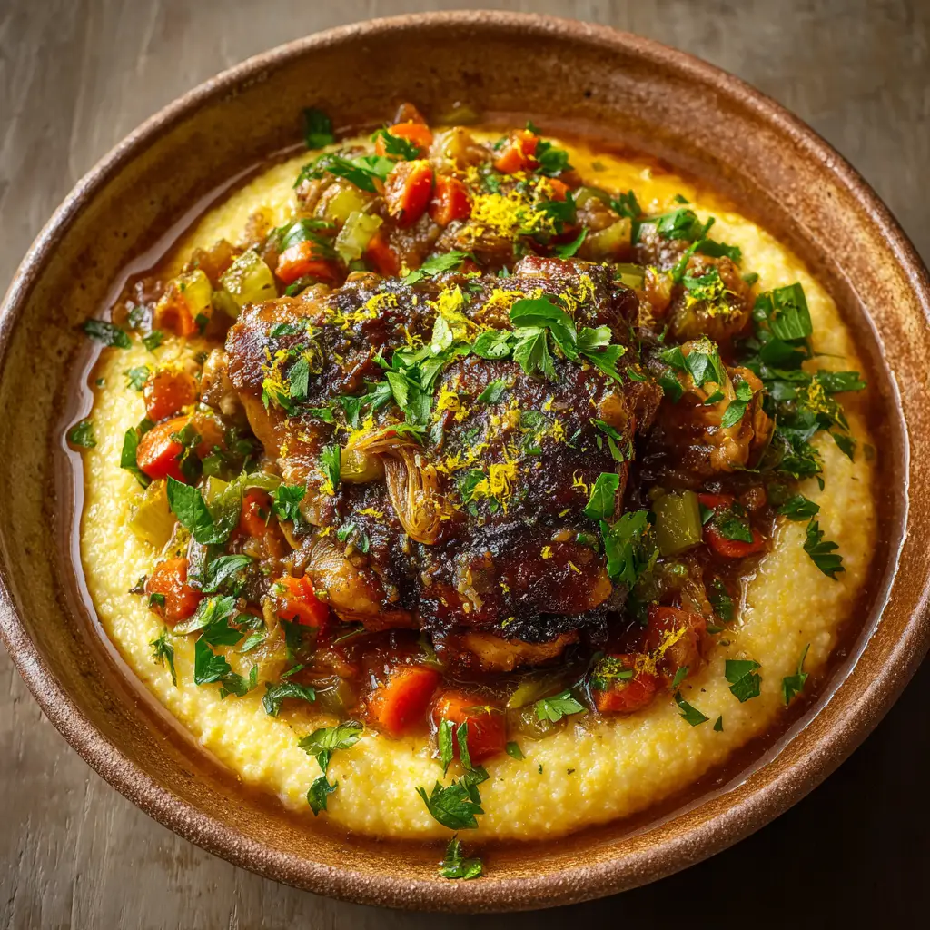 Chicken Thigh Osso Bucco: A Rustic Twist on an Italian Classic 1 A different angle of the Chicken Thigh Osso Bucco, highlighting the glistening, dark reddish-brown wine sauce and the soft, tender texture of the braised vegetables.