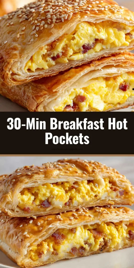 A close-up of a homemade breakfast hot pocket cut in half on a white plate, showcasing the flaky pastry and a savory filling of scrambled eggs, melted cheese, and bacon. (Homemade Breakfast Hot Pockets)