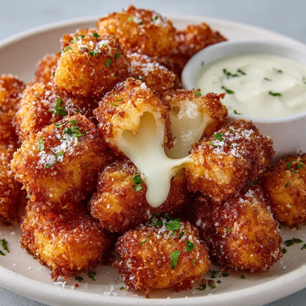 A fried cheese curd broken open to reveal a thick, gooey, white melted cheese stretch, with a ramekin of creamy dipping sauce in the background.