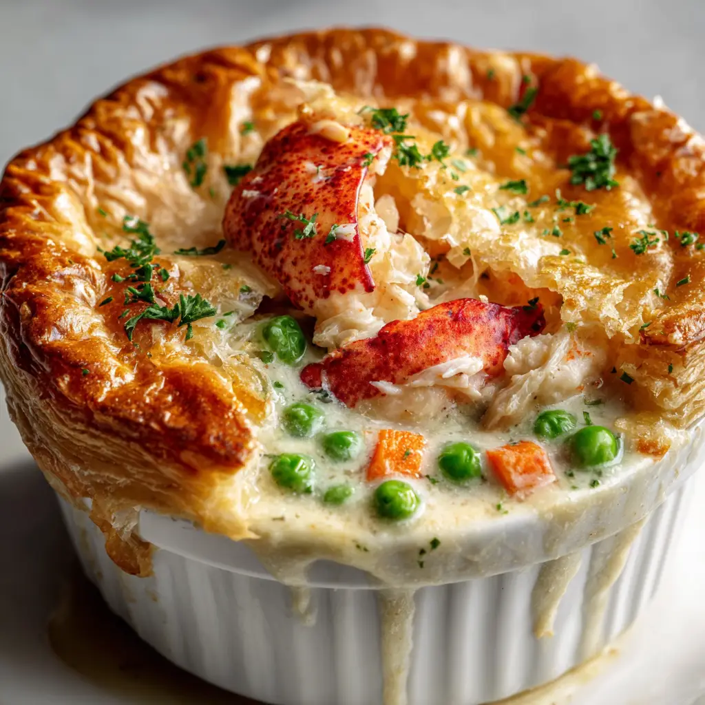 A close-up shot of a freshly baked lobster pot pie in a white ceramic ramekin. The golden-brown puff pastry crust is cracked, revealing the creamy filling inside.