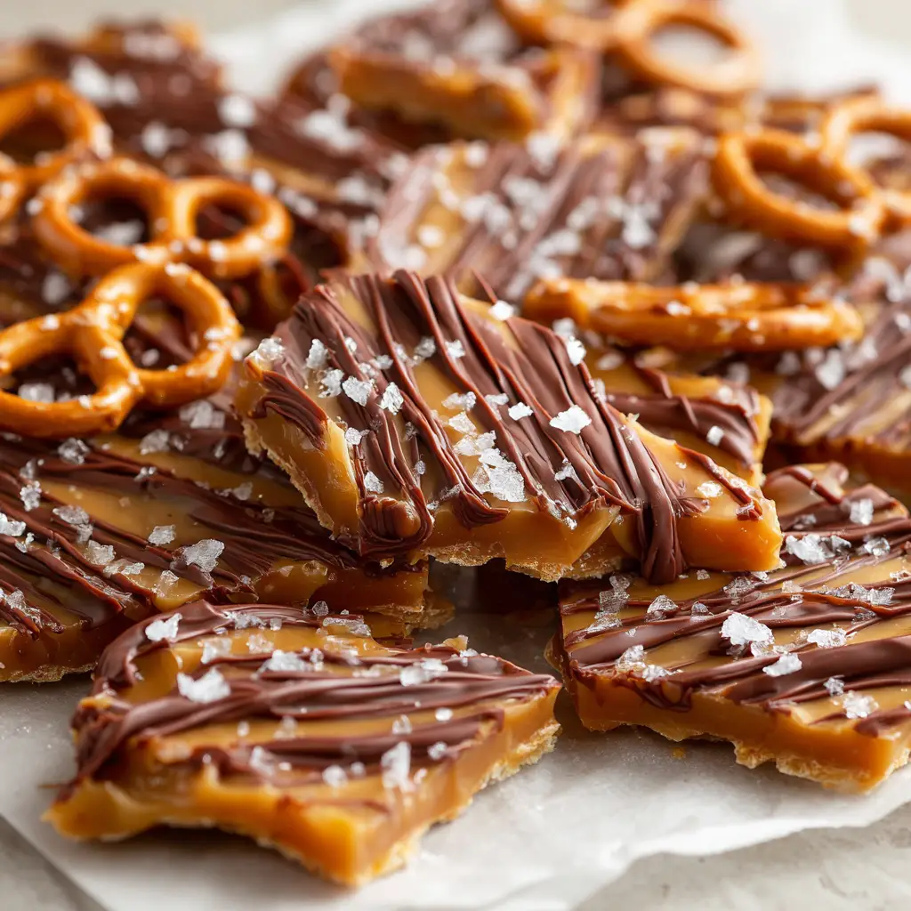 A close-up view of a piece of Salted Caramel Pretzel Bark. The detailed shot highlights the glossy chocolate drizzle and coarse flakes of sea salt on top of a thick, golden-brown caramel layer.