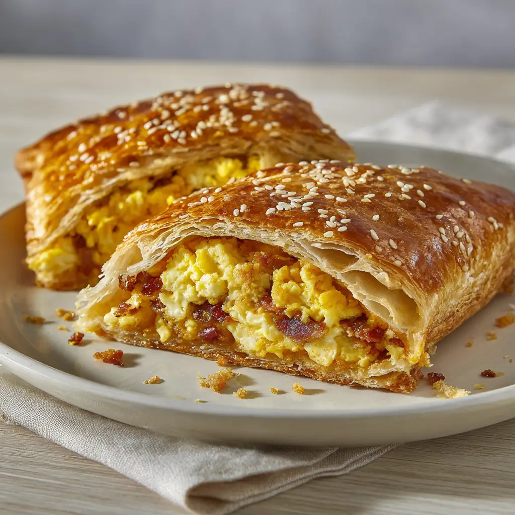 A perfectly baked rectangular breakfast pastry cut in half, revealing a fluffy scrambled egg, melted yellow cheddar cheese, and crumbled cooked bacon filling. (Homemade Breakfast Hot Pockets)