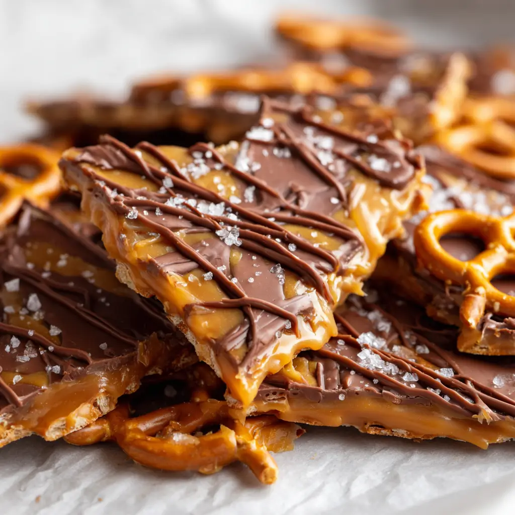 A broken piece of salted caramel pretzel bark showing a cross-section of the layers. A whole mini pretzel is clearly visible inside the thick caramel.
