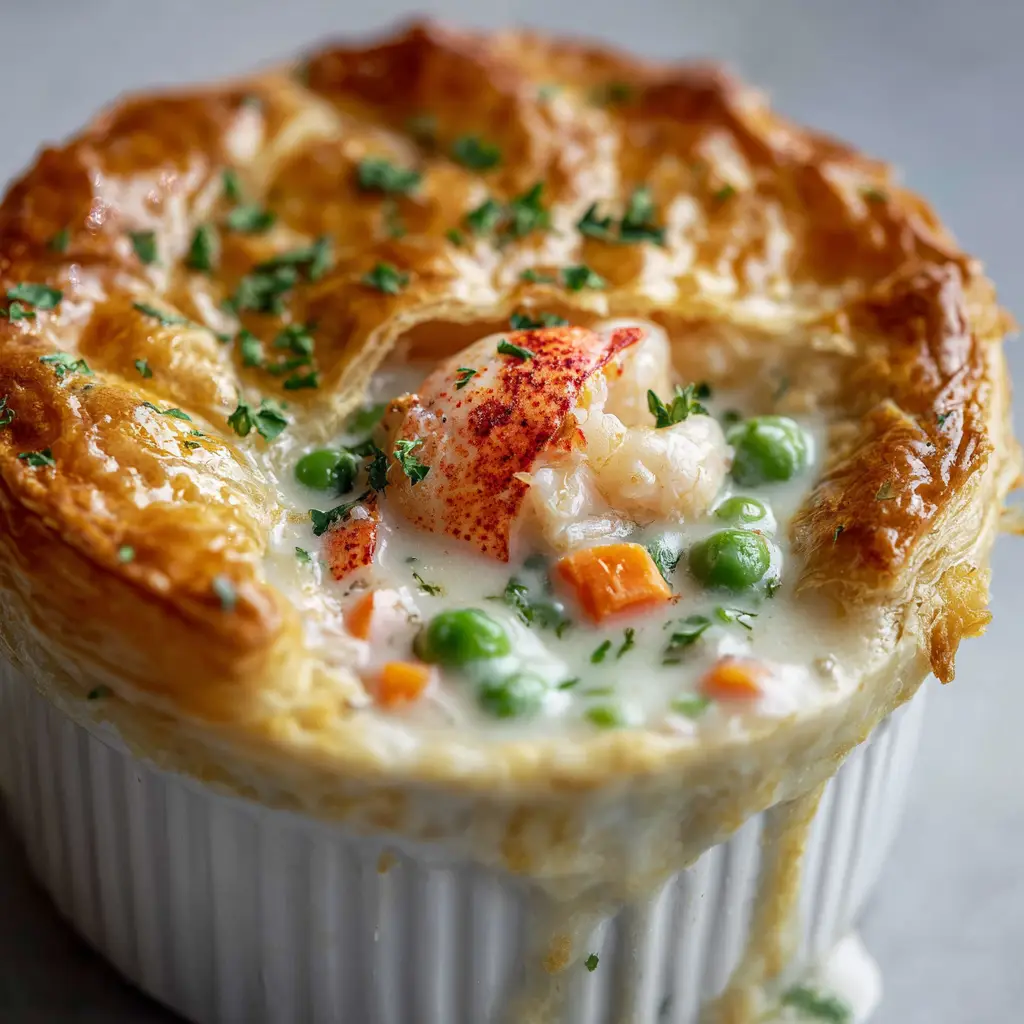 An overhead view of a homemade lobster pot pie, showing the textured golden crust sprinkled with fresh parsley in a white ramekin.