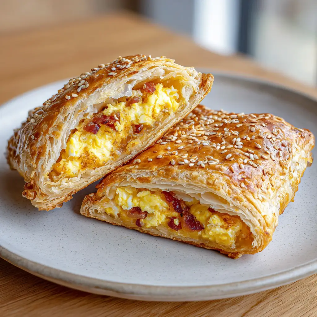 A golden-brown homemade breakfast pocket resting on a white ceramic plate, with visible buttery layers in the pastry and a light sprinkle of sesame seeds on top.