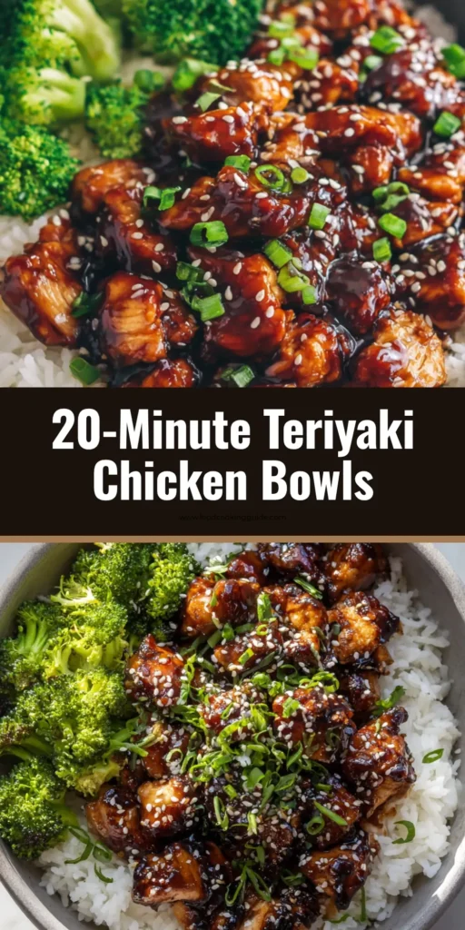 A top-down view of a homemade Teriyaki Chicken Bowl in a ceramic bowl, featuring glossy glazed chicken, broccoli, and sesame seeds.
