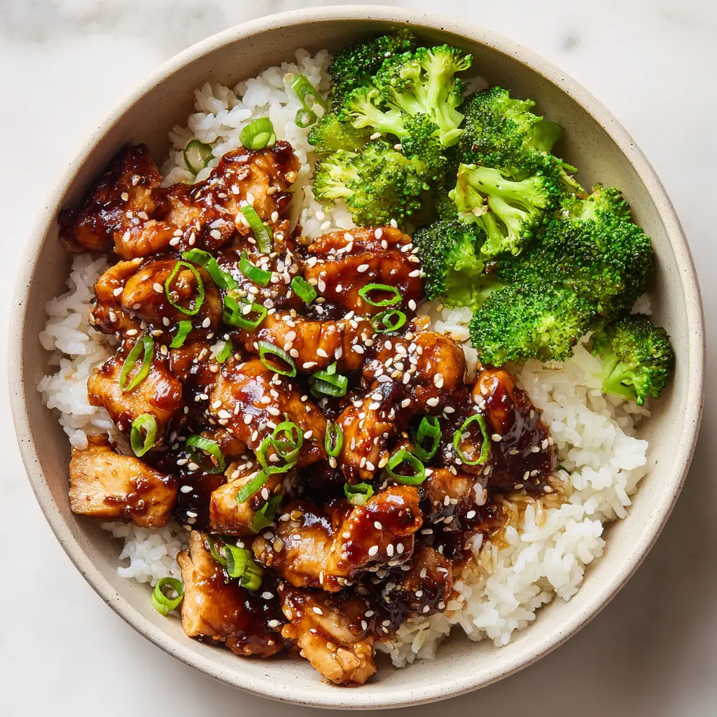 A close-up detail shot of the thick, glossy teriyaki glaze coating pan-seared chicken pieces and sprinkled with sesame seeds.