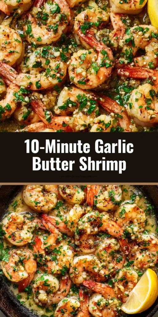 A top-down shot of garlic butter shrimp in a dark skillet. The shrimp are pink and coated in a glossy yellow butter sauce, garnished with green parsley and a lemon wedge.