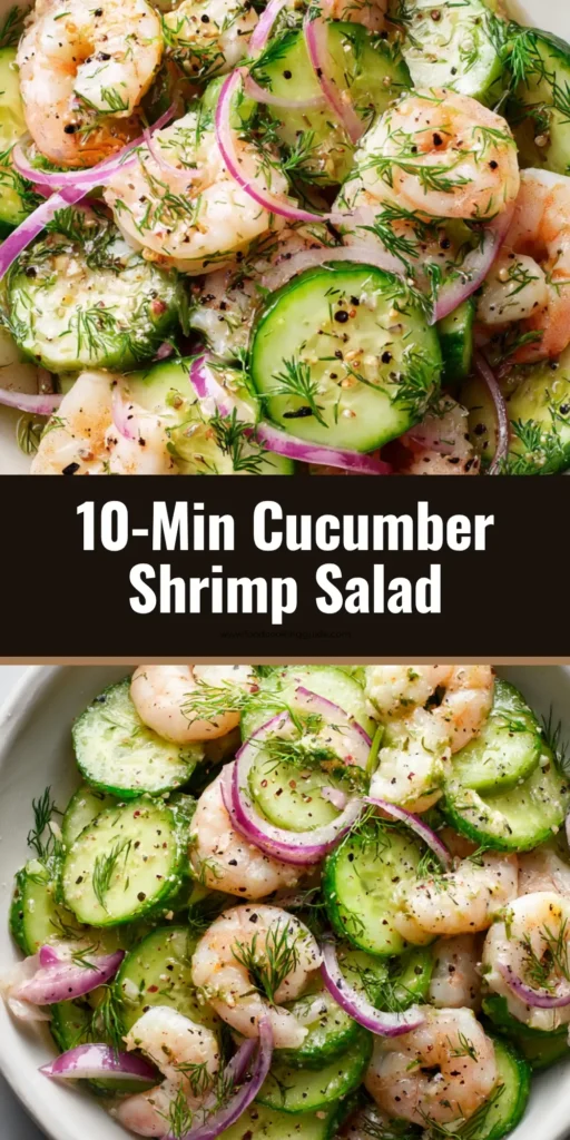 A close-up overhead shot of a fresh Cucumber Shrimp Salad in a white bowl, showing plump pink shrimp, green cucumber slices, and fresh dill.