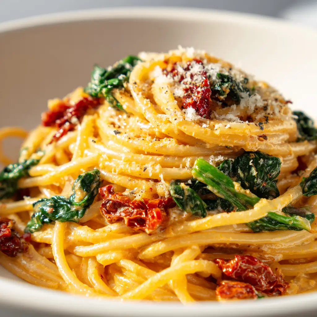 A detailed close-up of Sun-Dried Tomato Spinach Pasta in a white bowl. The image highlights the creamy texture of the sauce clinging to the spaghetti, with pieces of red sun-dried tomato and green spinach mixed in.