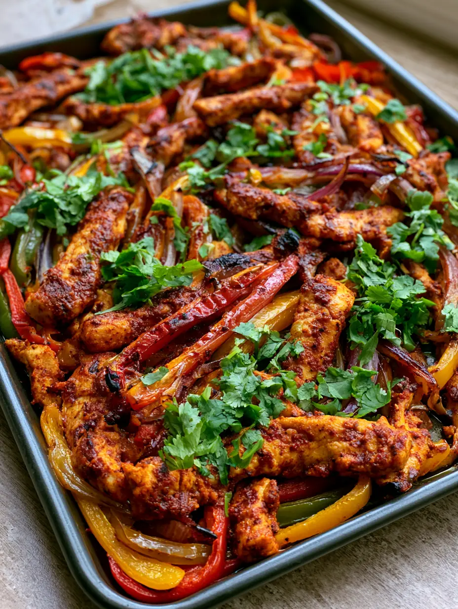 Close up of reddish-brown seasoned chicken strips and blistered yellow and green peppers for Sheet Pan Chicken Fajitas.