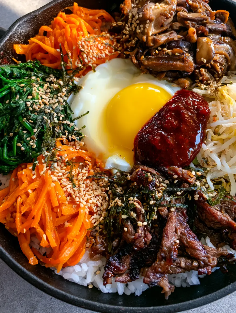 Close-up of Bibimbap Recipe toppings including julienned carrots, blanched spinach, and a glossy dollop of gochujang sauce.