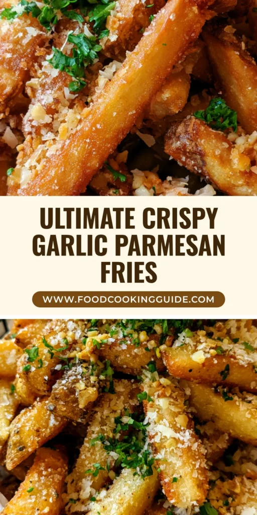 A towering heap of golden brown Garlic Parmesan Fries served in a black wire basket with greaseproof paper, topped with cheese and parsley.