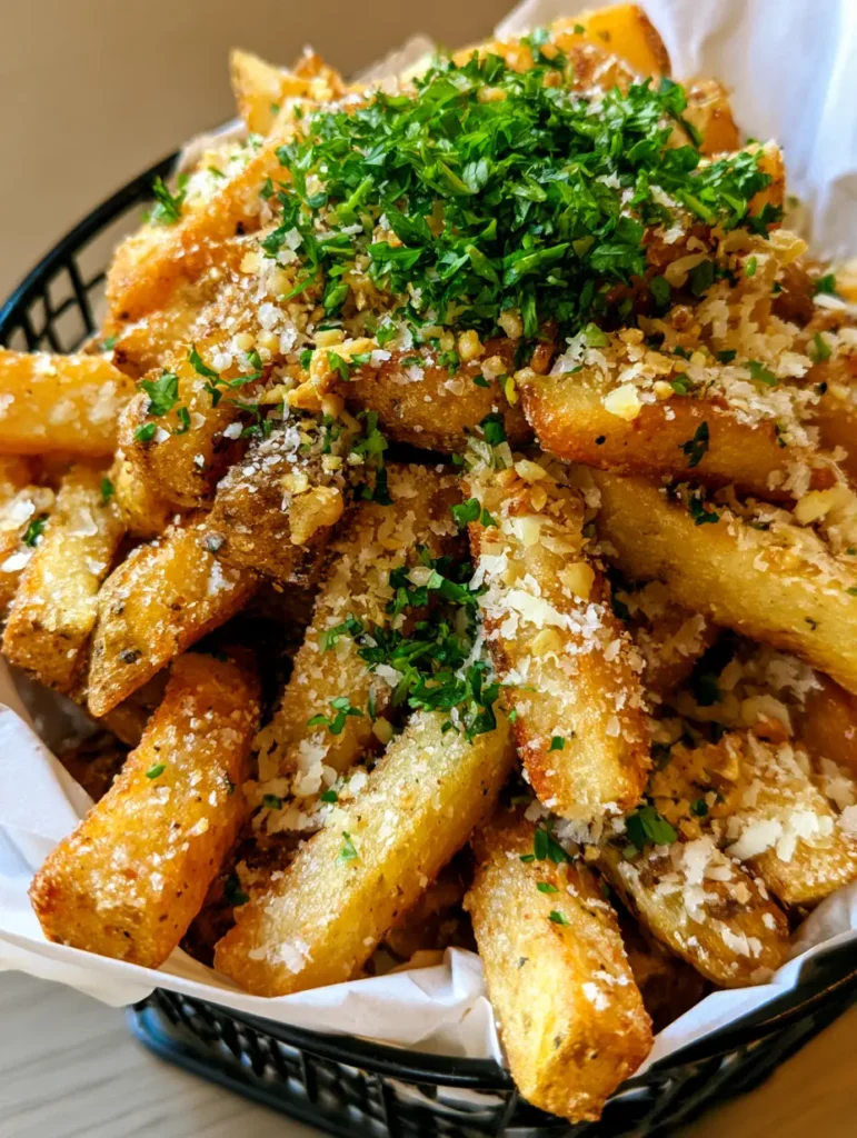 Home 8 Close-up of golden brown thick-cut Garlic Parmesan Fries with visible sea salt crystals and sautéed garlic bits.