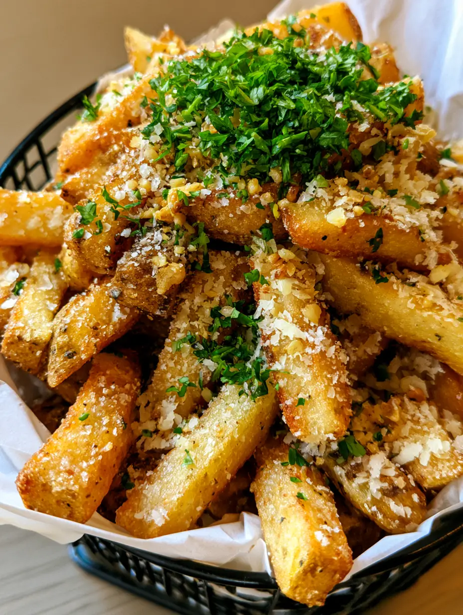 Close-up of golden brown thick-cut Garlic Parmesan Fries with visible sea salt crystals and sautéed garlic bits.