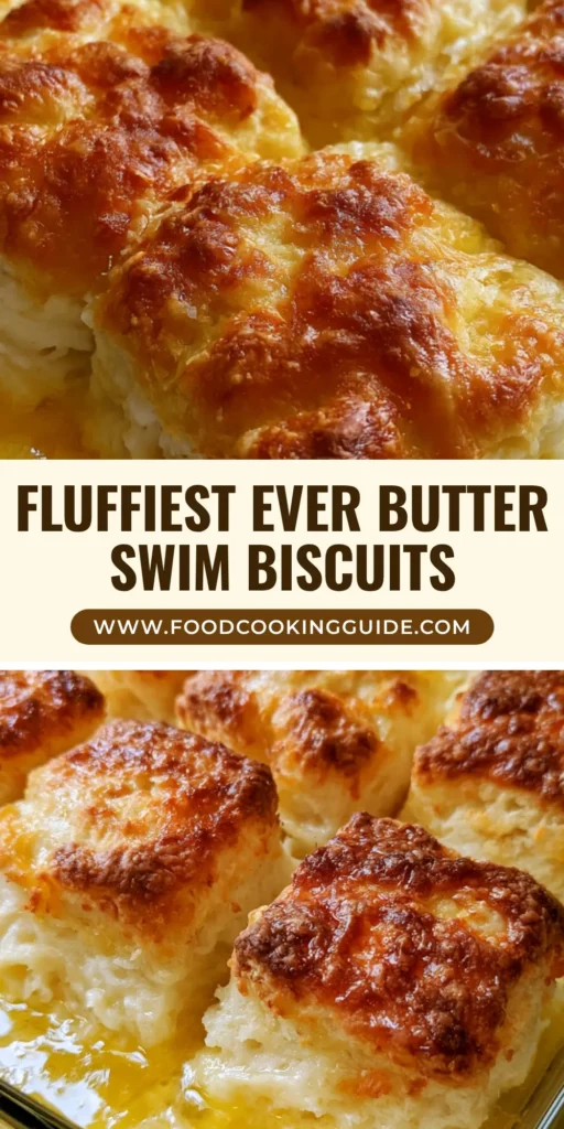 Nine tall square-cut Butter Swim Biscuits in a glass dish with golden-brown toasted tops and a pool of melted butter.