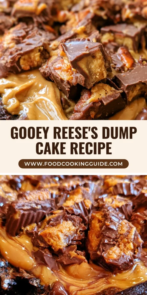 A close-up of a Peanut Butter Cup Dump Cake in a glass dish with melted peanut butter swirls and chopped Reese's cups.