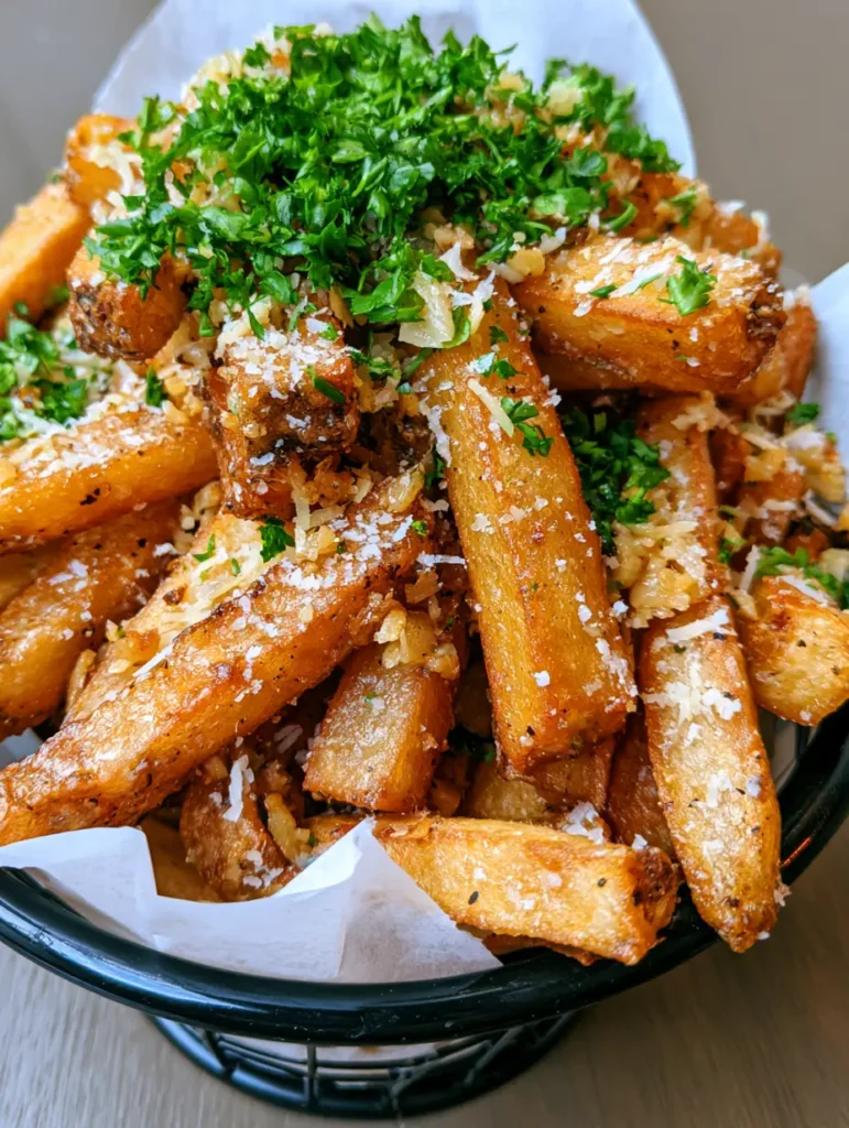 A small black wire basket containing a heap of golden Garlic Parmesan Fries garnished with bright green parsley.