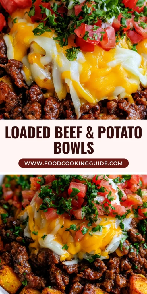 A shallow white ceramic bowl containing a Ground Beef and Potato Taco Bowl with crispy golden-brown potato cubes, seasoned ground beef, melted cheese, tomatoes, cilantro, and sour cream.