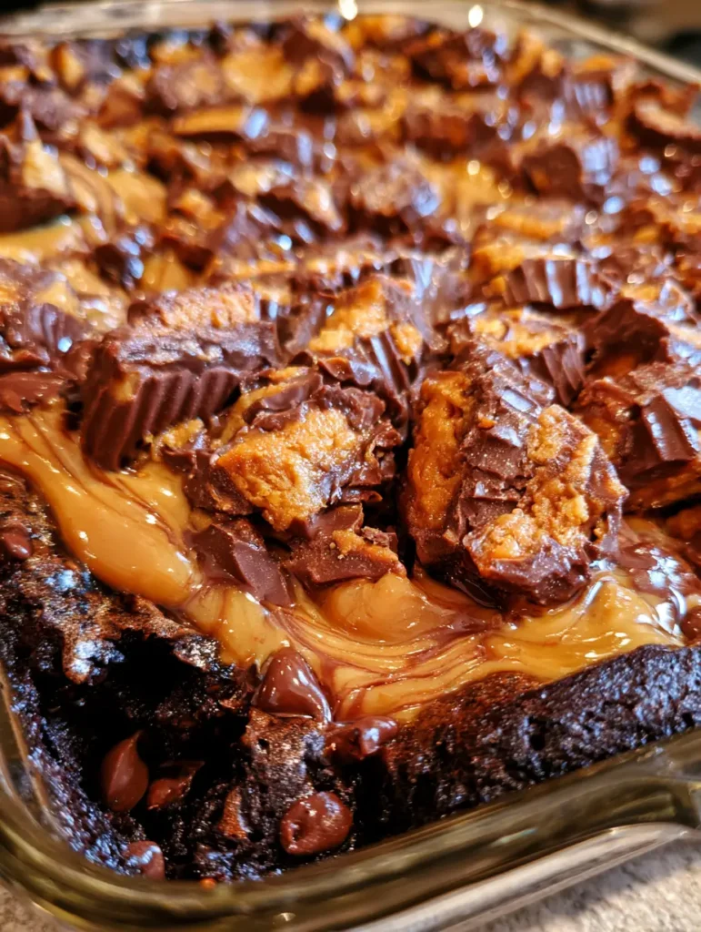 Smartphone photo of Peanut Butter Cup Dump Cake showing dark chocolate cake and dense Reese's topping.