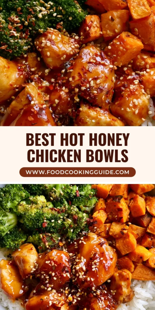 Hot Honey Chicken Bowls with Roasted Sweet Potatoes and Vibrant Broccoli 4 A high-angle view of Hot Honey Chicken Bowls featuring glazed chicken, charred sweet potatoes, and broccoli over jasmine rice in a white bowl.