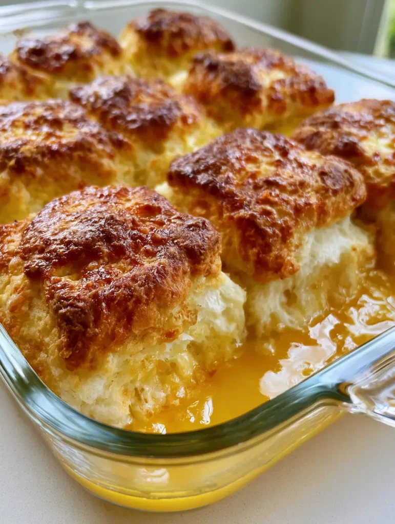 Close-up of Butter Swim Biscuits in a shimmering, translucent pool of melted yellow butter in a glass dish.