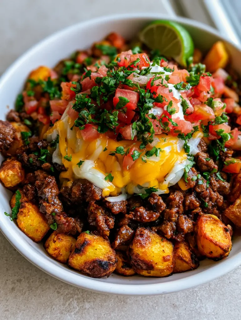 Close-up shot of a Ground Beef and Potato Taco Bowl showing the glossy seasoned beef and melted yellow and white cheese over charred potato cubes.