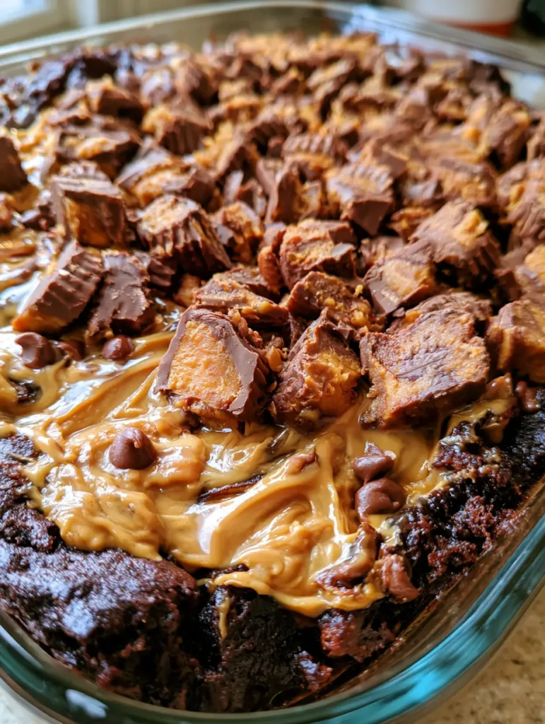 Peanut Butter Cup Dump Cake with fudgy edges and semi-melted chocolate chips in a glass dish.