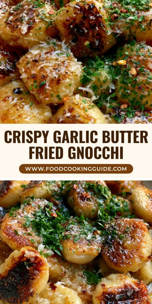 A close-up of golden-brown Garlic Butter Fried Gnocchi in a cream bowl with visible seared marks, parsley, and red chili flakes.