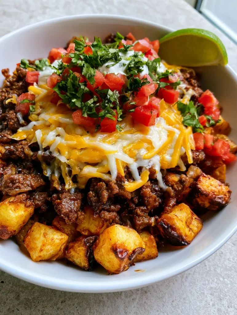 High-angle view of a Ground Beef and Potato Taco Bowl on a gray stone background with a lime wedge on the rim.